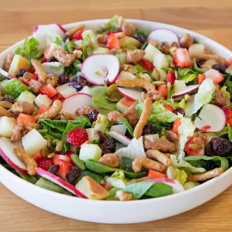 Colorful garden salad with lettuce, radishes, strawberries, apples, dried fruit, nuts, and crunchy toppings in a white bowl.