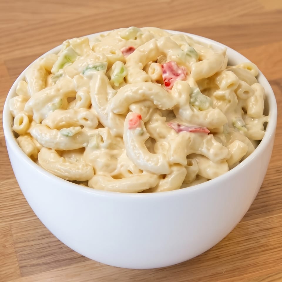 Creamy macaroni salad with colorful vegetables served in a white bowl on a wooden table.