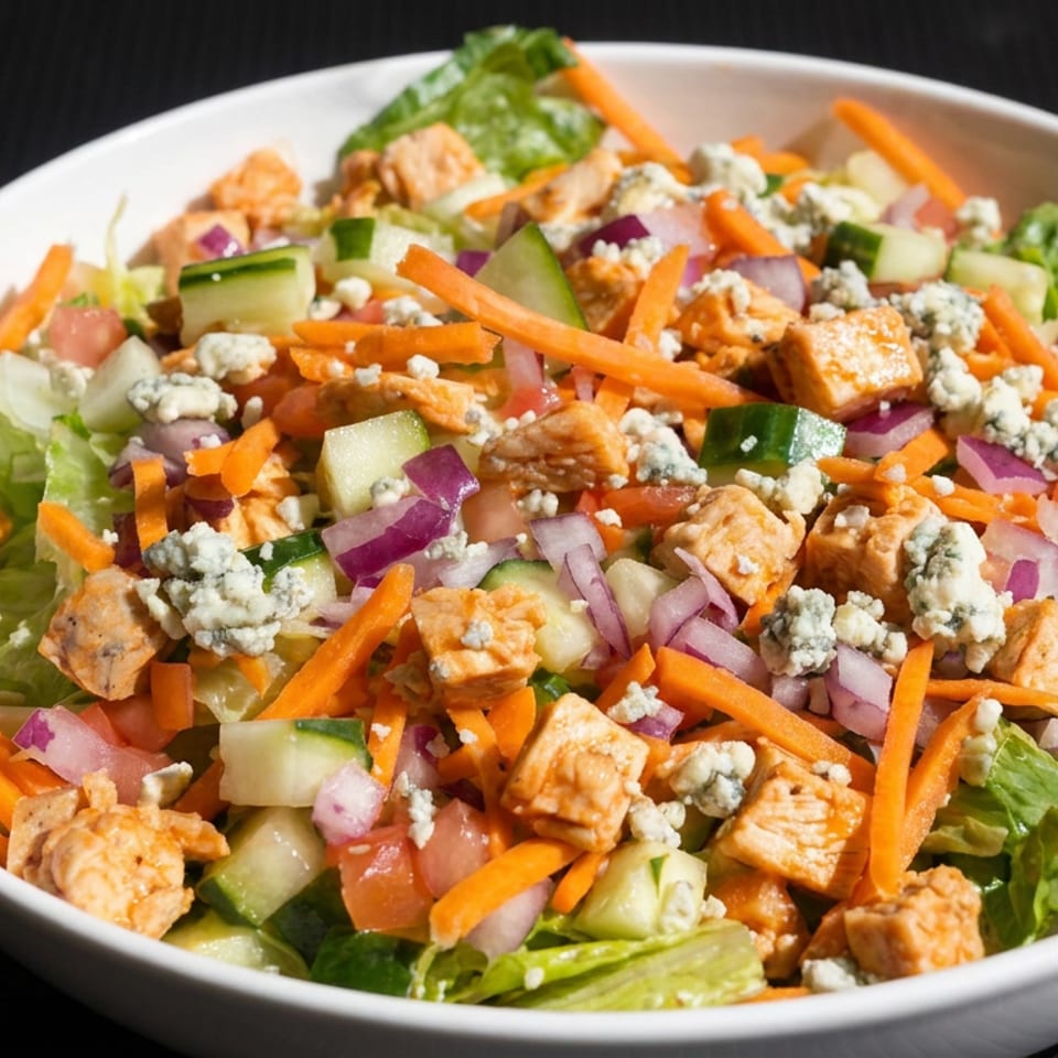 Fresh chopped salad with lettuce, carrots, cucumbers, tomatoes, red onion, blue cheese crumbles, and seasoned chicken pieces.