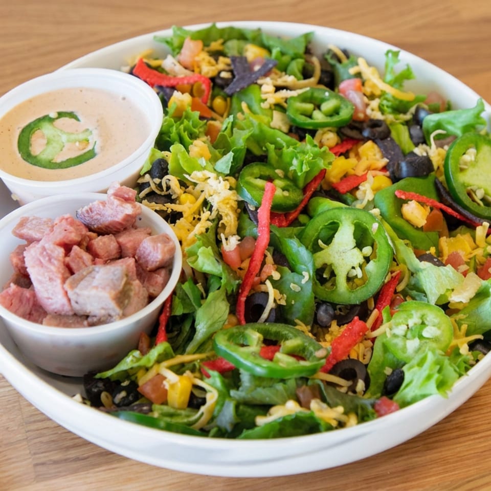 Colorful salad with lettuce, black beans, corn, peppers, jalapeños, cheese, dipping sauce, and fried tortilla pieces on a wooden table.