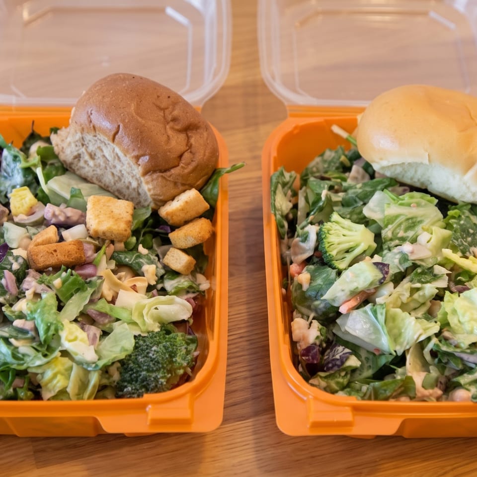 Two orange takeout containers hold mixed green salads with croutons, vegetables, creamy dressing, and sandwich buns on a wooden table.