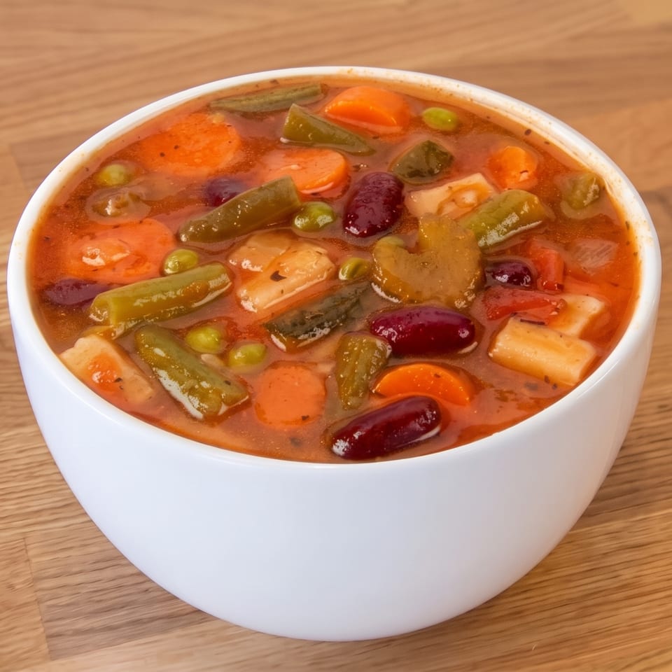 Bowl of tomato-based vegetable soup with carrots, green beans, peas, potatoes, and kidney beans on a wooden table.