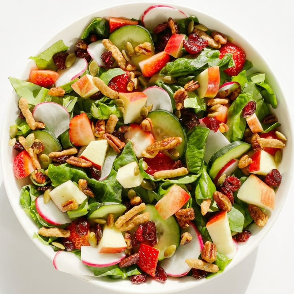 Overhead view of a colorful garden salad with leafy greens, apples, strawberries, cucumbers, radishes, dried cranberries, and nuts.