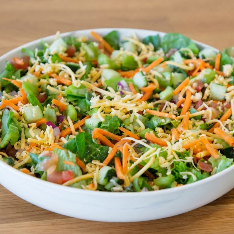 Bowl of fresh green salad topped with shredded carrots, cheese, cucumbers, tomatoes, and mixed vegetables on a wooden table.